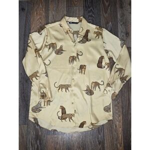 Zara Womens Leopard Print Satin Button Down Blouse Beige Animal Long Sleeve M